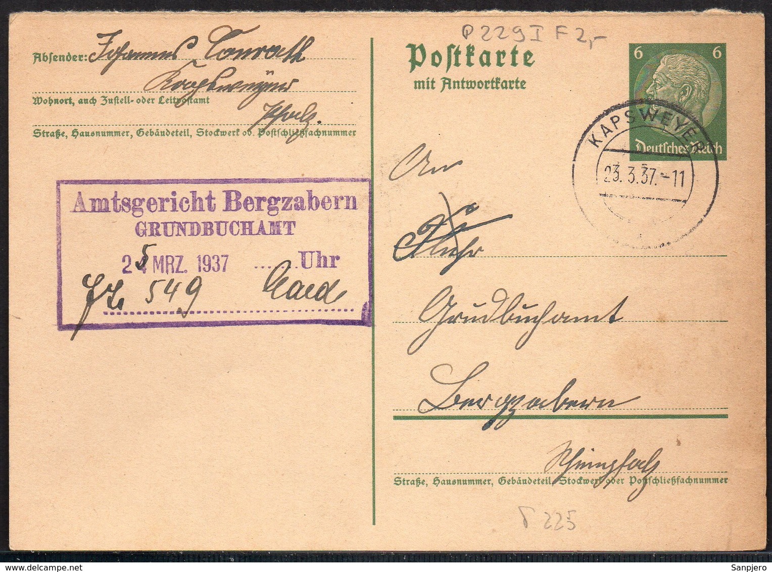 DR DEUTSCHES REICH POSTKARTE 1937. KAPSWEYER - Altri & Non Classificati