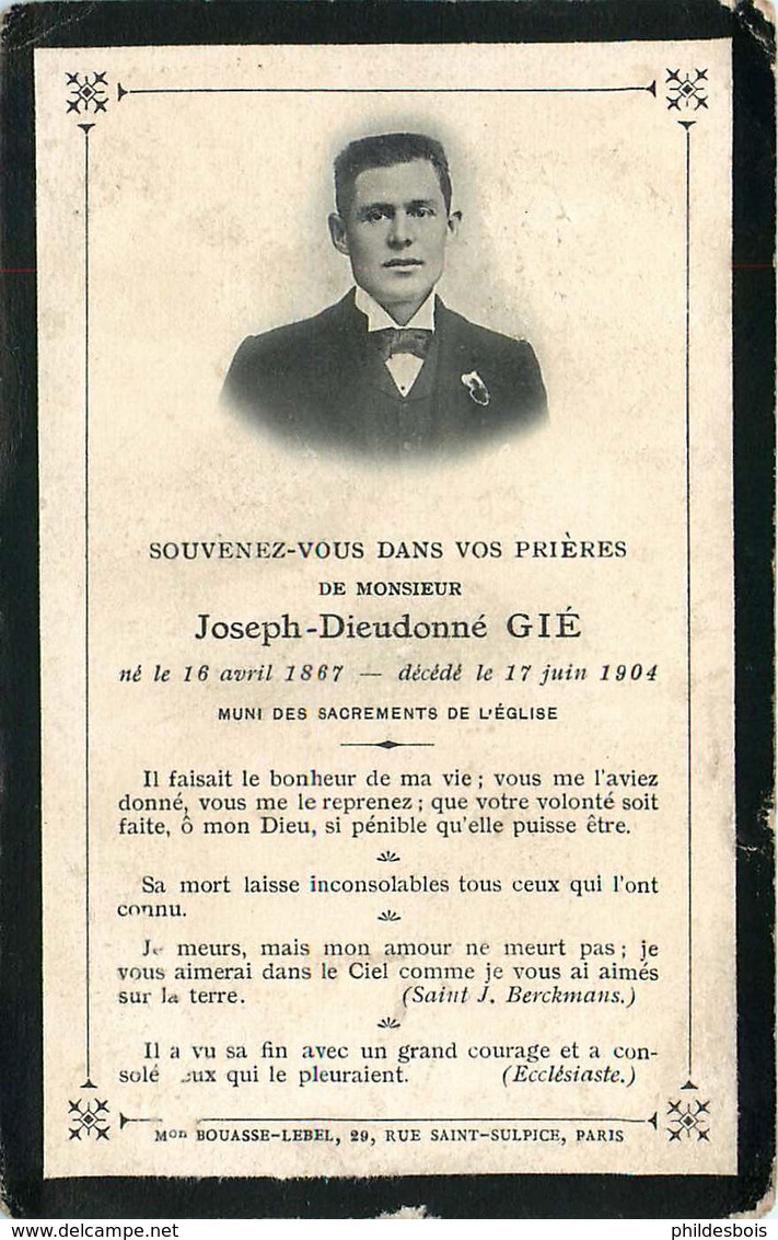 FAIRE PART ACTE DE DECES   Joseph Dieudonné GIE - Décès