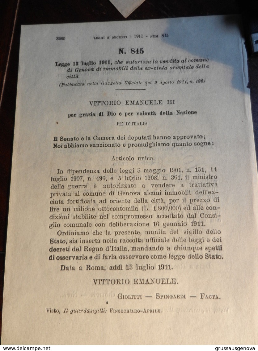 7C) GENOVA MURA DEL 1600 -1911 REGIO DECRETO AUTORIZZAZIONE A VENDERE IMMOBILI EX CINTA ORIENTALE DELLA CITTA' COMPOSTO - Decreti & Leggi