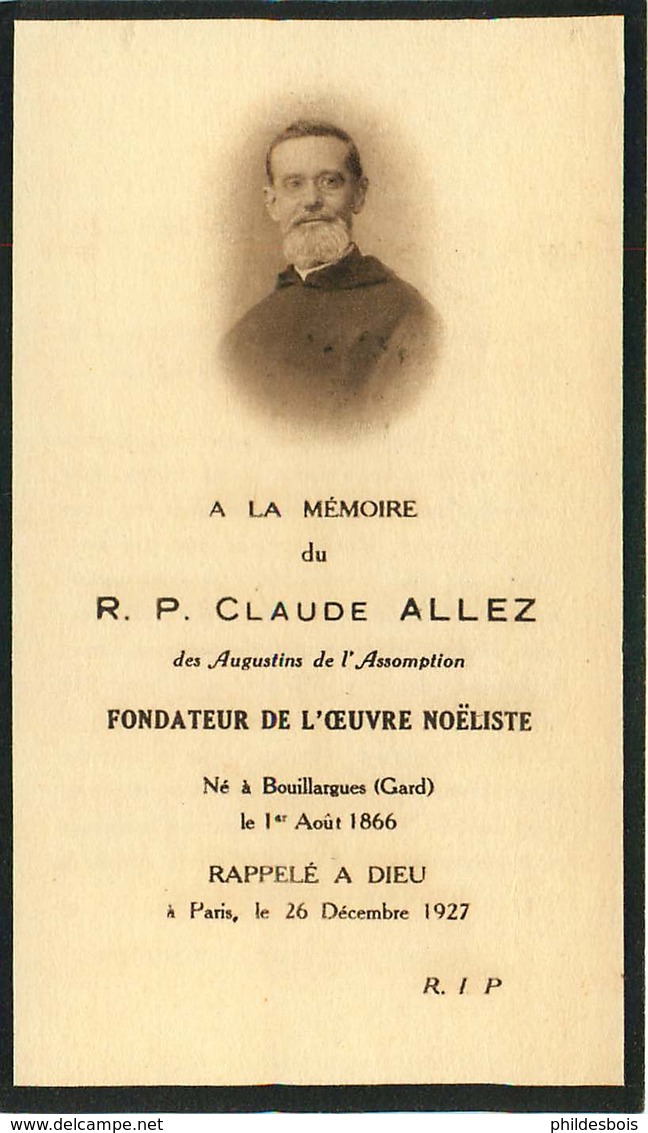 FAIRE PART ACTE DE DECES   R.P Claude ALLEZ Des Augustins De L'assomption - Todesanzeige