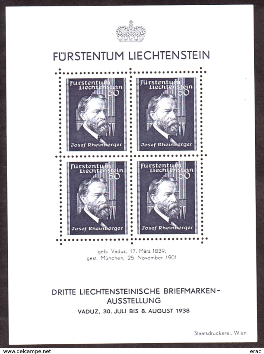 Liechtenstein - 1938 - BF N° 3 - Neuf ** - Exposition Philatélique De Vaduz - J.Rheinberger - Blocs & Feuillets