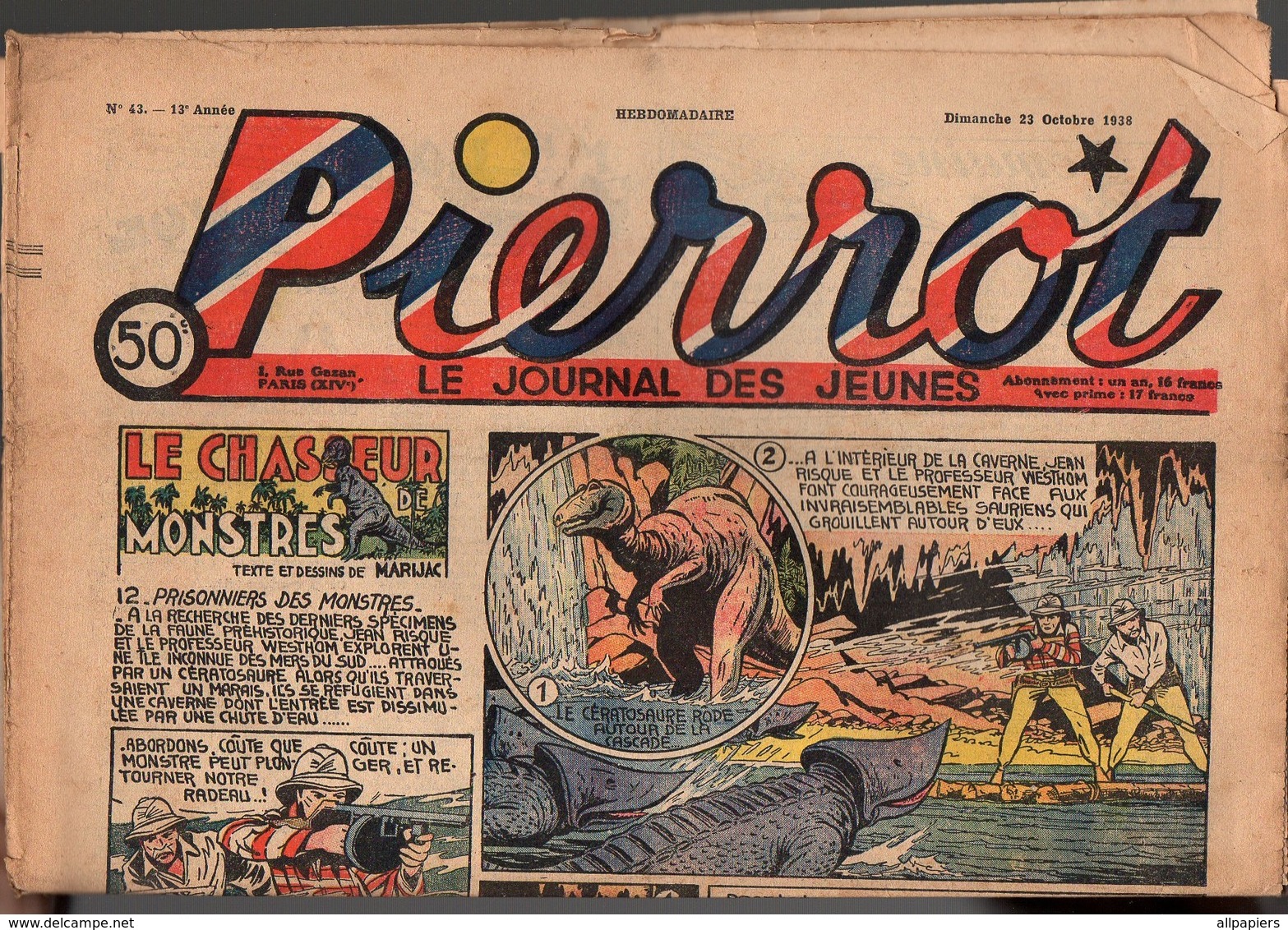 Pierrot Le Journal Des Jeunes N°43 Le Chasseur De Monstres - Les Aventures E Fifrelin - Le Serment D'El Karoun De 1938 - Pierrot