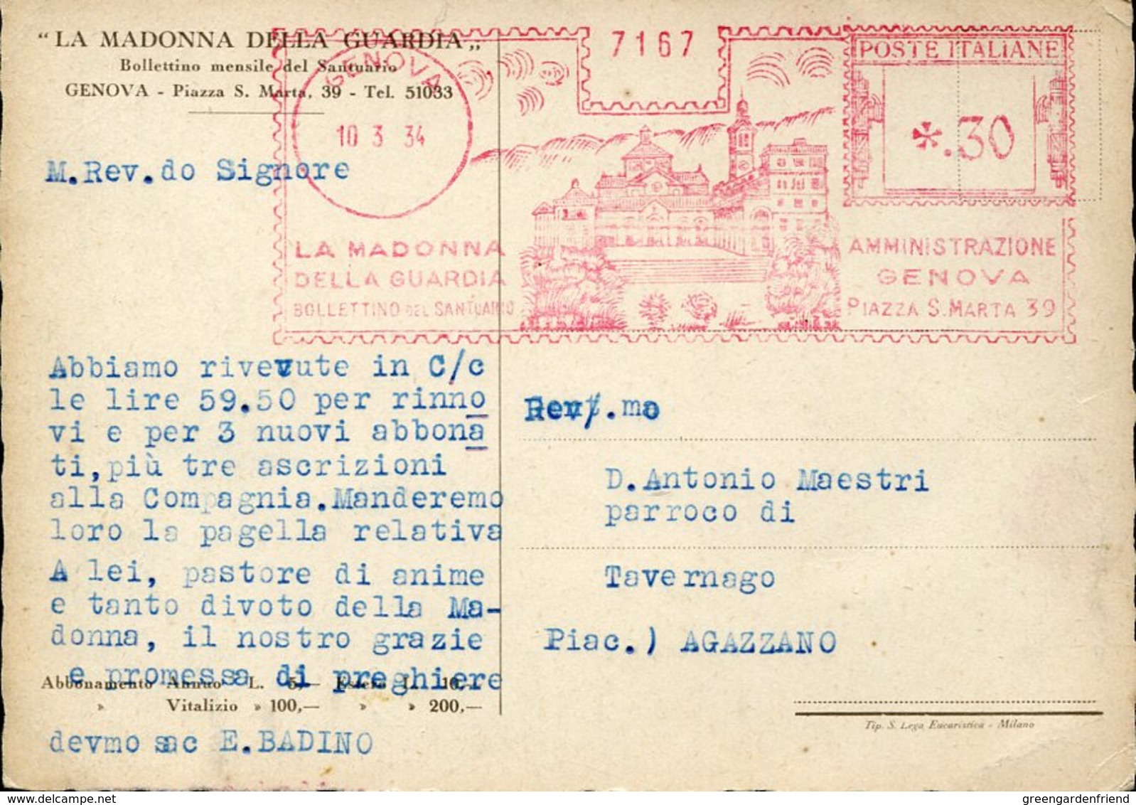 40165 Italia, Red Meter Freistempel Ema,1934 Genova, Sanctuary Madonna Della Guardia,circuled Card,see 2 Scan, RRR - Macchine Per Obliterare (EMA)