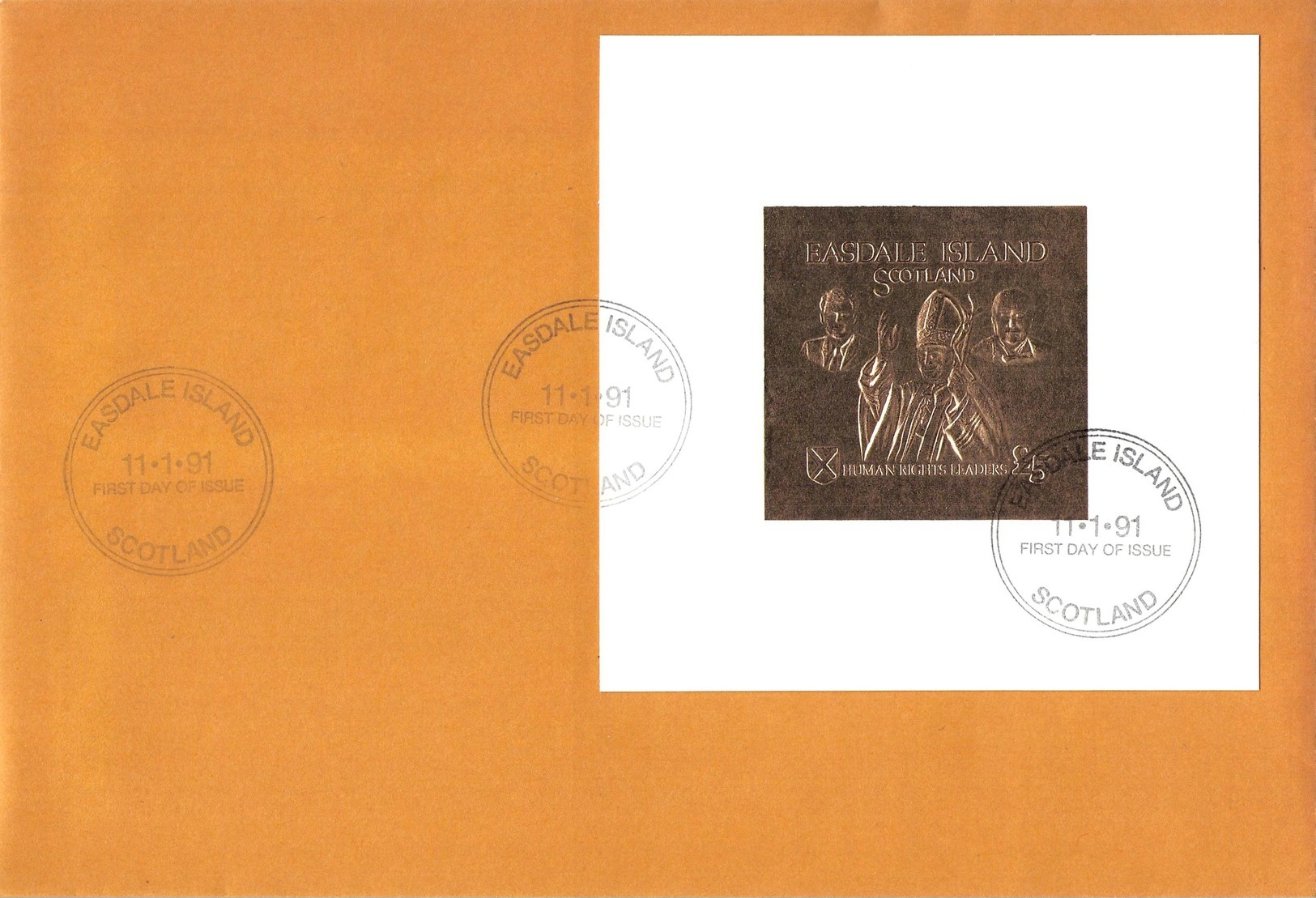 EASDALE/SCOTLAND - FDC GOLD + SILVER STAMP 5 POUNDS 1991 POPE JOHN PAUL II AFRICAN VISIT - Ortsausgaben