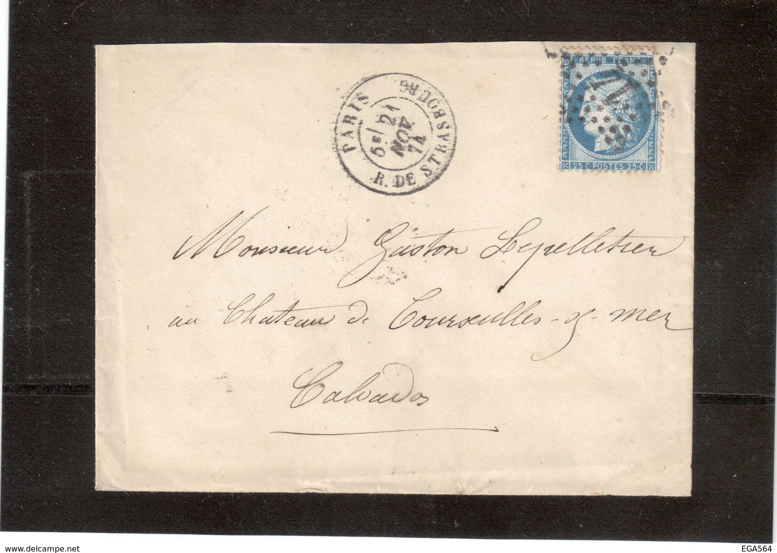 CP024 - Céres 60 (défectueux) étoile 14 R. DE STRASBOURG 21 NOV 1874 Sur Enveloppe Pour COURSEULLES Sur MER. - 1871-1875 Cérès