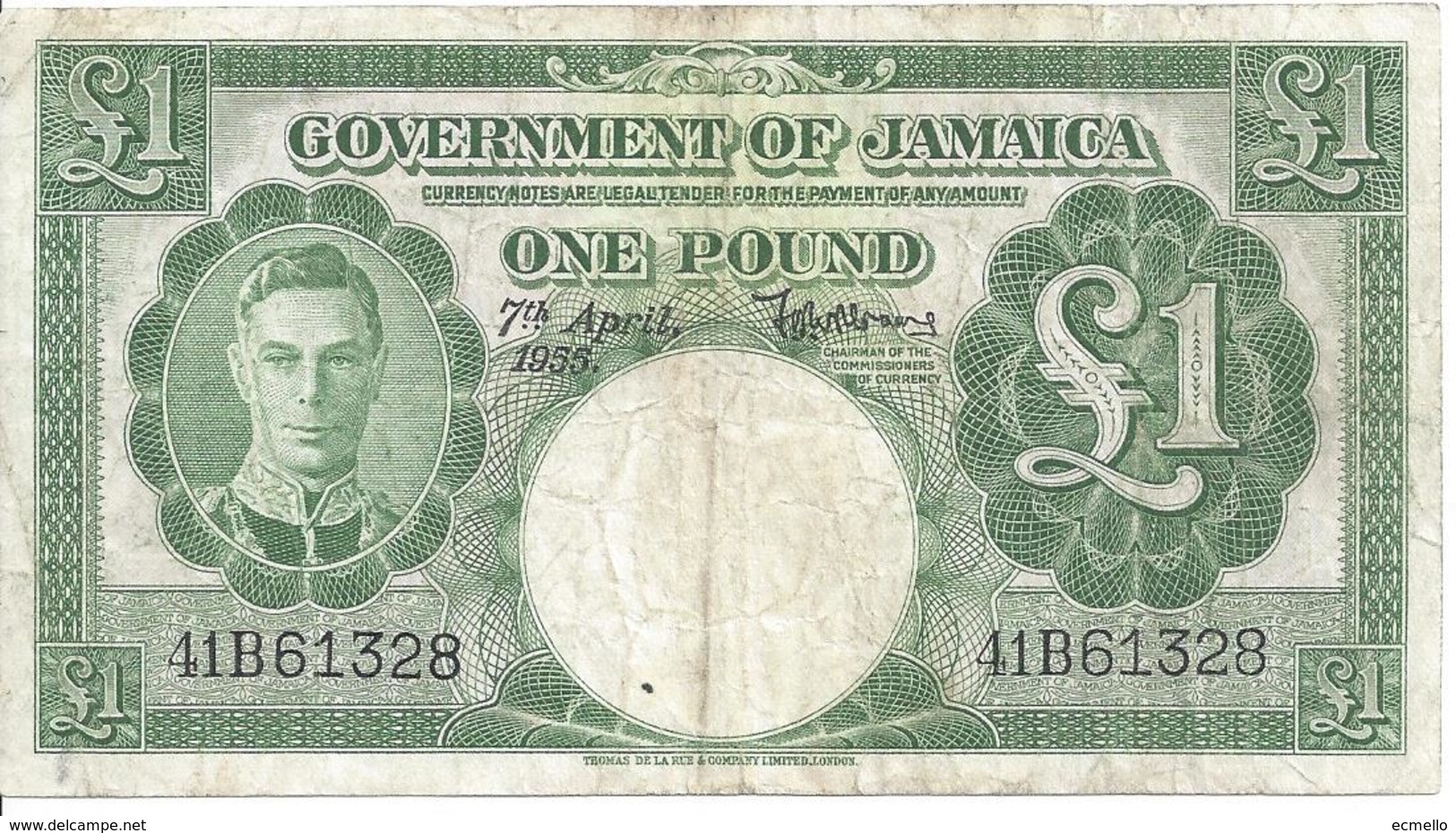 JAMAICA KGVI £1 1955 P41b Scarce Note - Jamaica