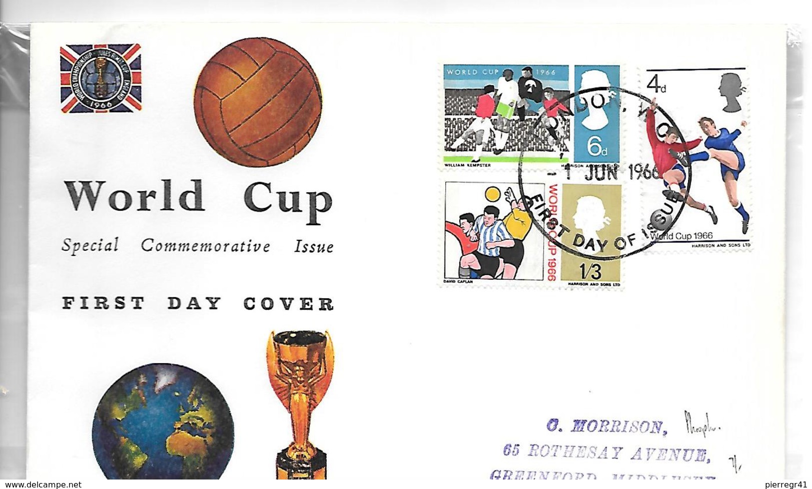 1966-ENVELOPPE GB-1e JOUR-FOOT 1966-WORLD CUP-en ANGLETERRE- Sous Pochette Scellée-TBE - Lettres & Documents