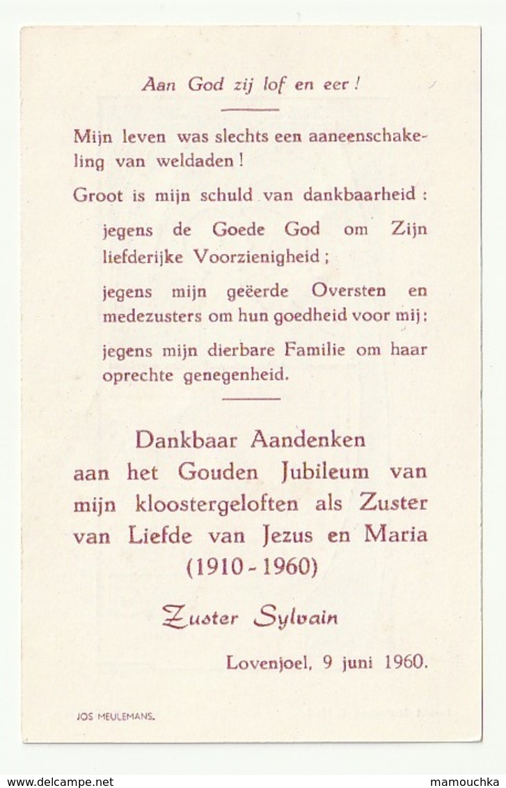 Gouden Jubileum Kloostergeloften Zuster Van Liefde Van Jezus & Maria Zuster Sylvain Lovenjoel 1960 Imalit Maredret E.M.2 - Images Religieuses