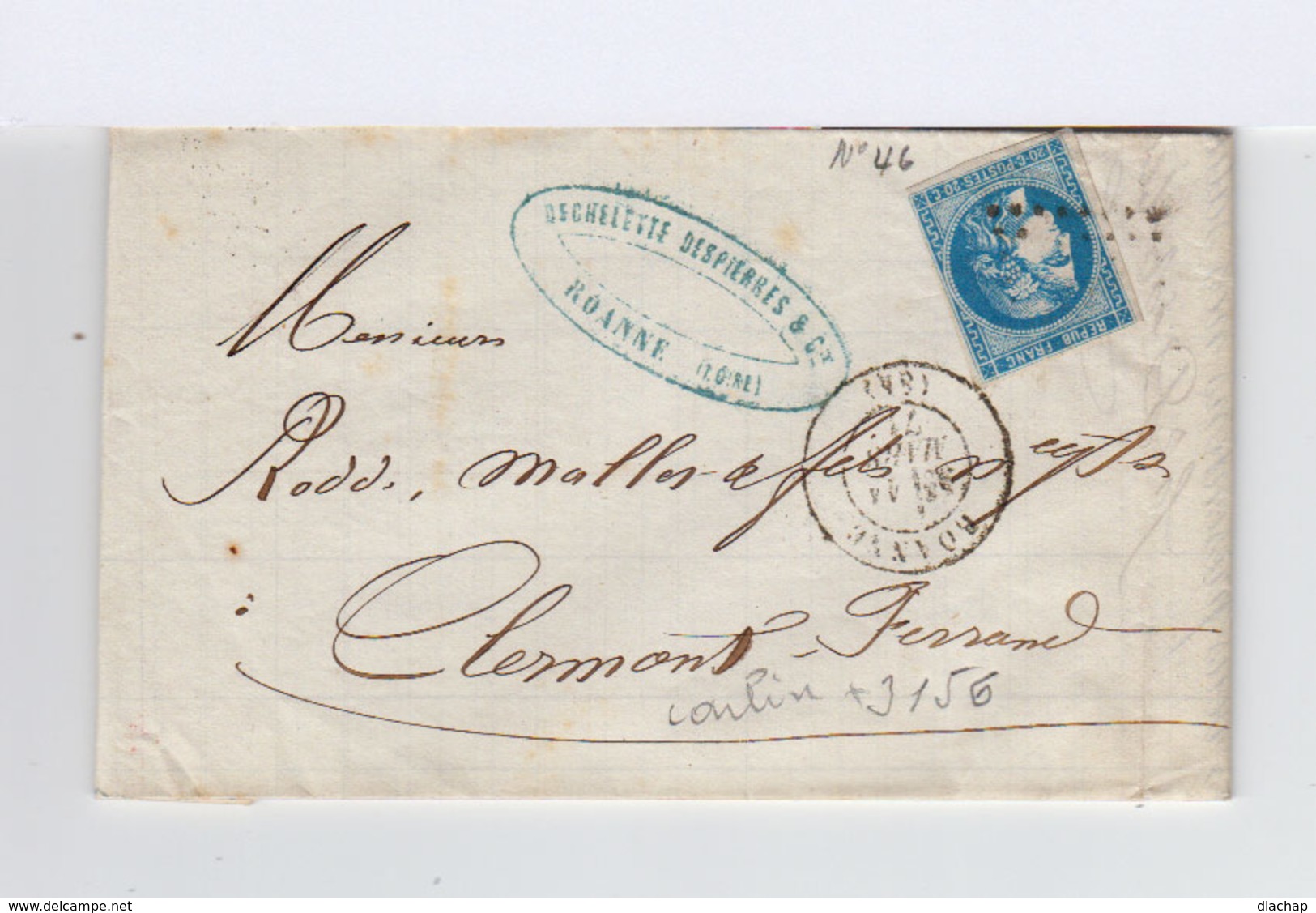 Sur Pli Avec Correspondance Type Céres 20 C. Bleu CAD Roanne 1871. (891) - 1849-1876: Période Classique