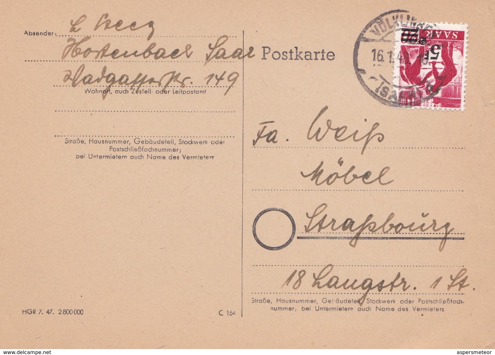 CARD CIRCULEE 1948  SAAR TIMBRE EN ROUGE- BLEUP - Brieven En Documenten