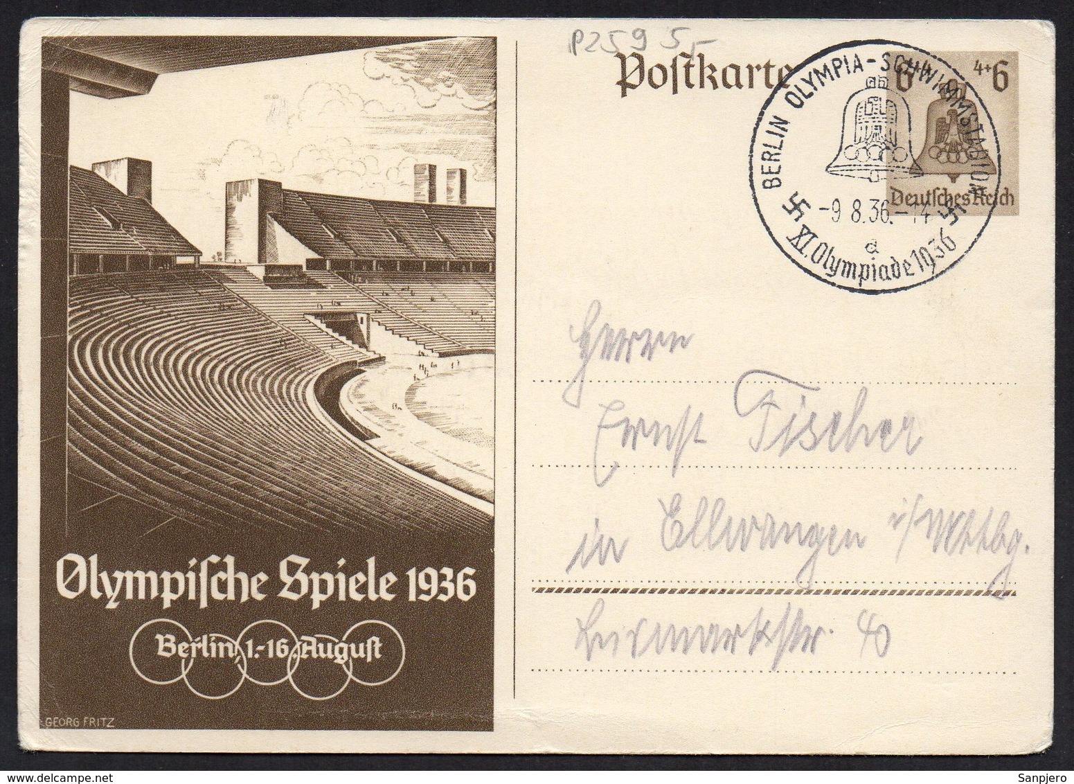 DR DEUTSCHES REICH POSTKARTE 1936. BERLIN OLYMPIA SCHWIMMSTADION - Altri & Non Classificati
