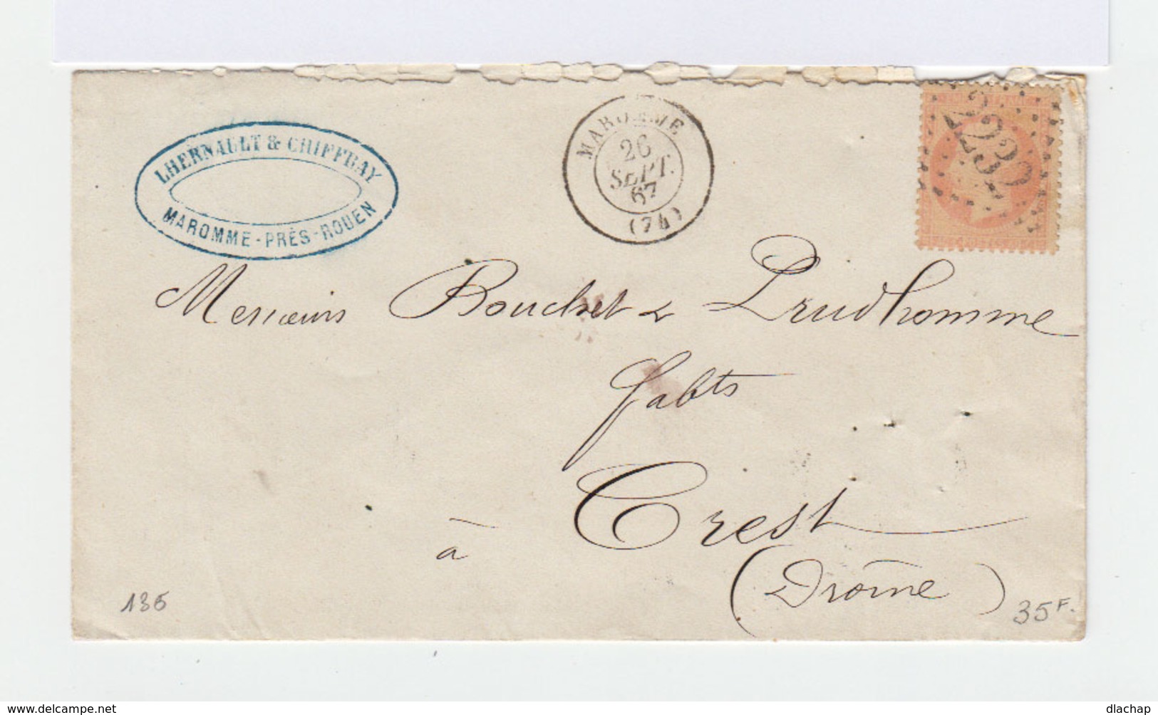 Sur Enveloppe Type Napoléon III 40 C Orange Oblitération Losange. CAD Maromme 1867. (893) - 1849-1876: Période Classique