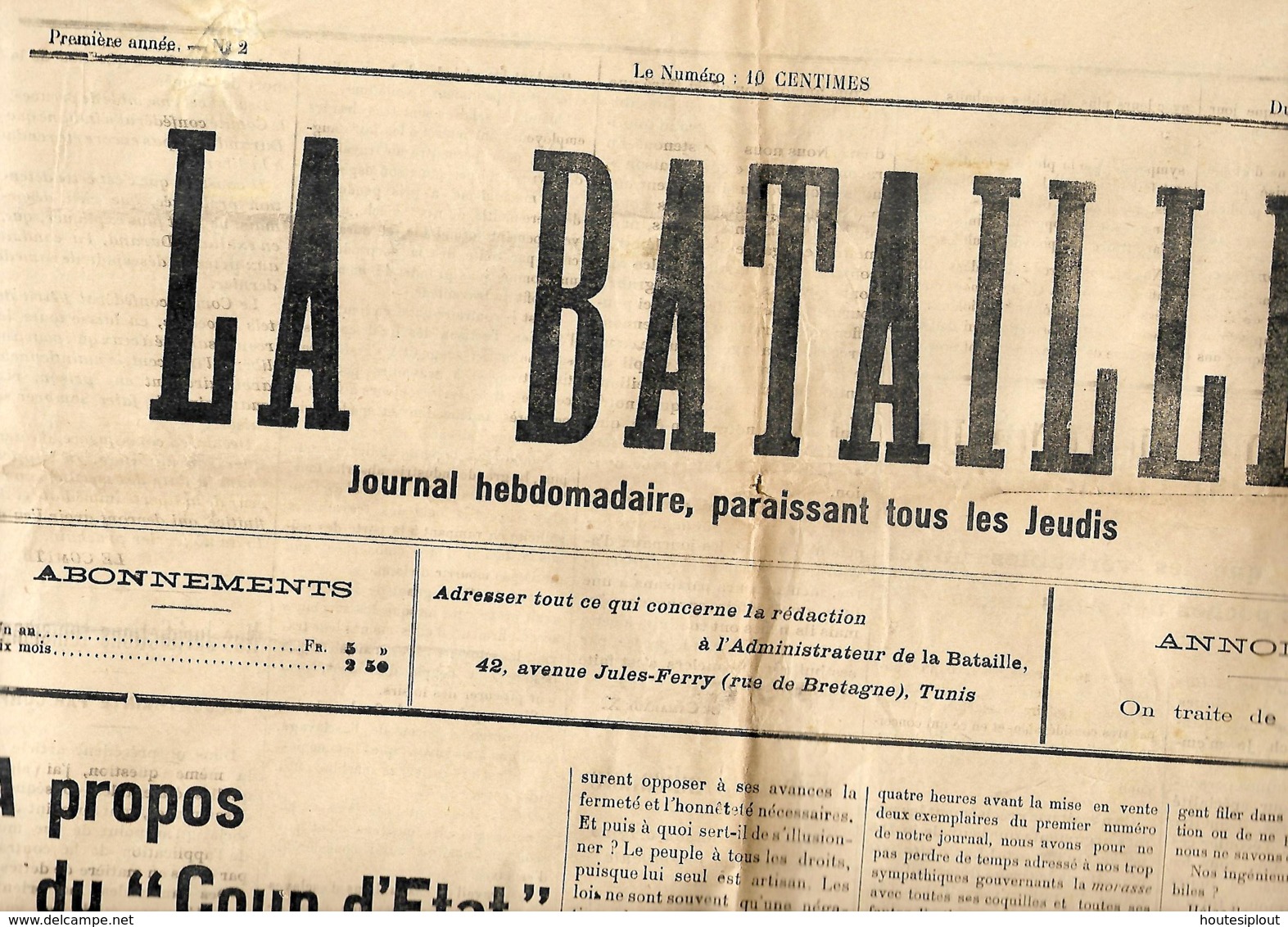 Tunisie. La Bataille (Tunis)  16 Au 22/2/1911  (= 1 N°) - Autres & Non Classés