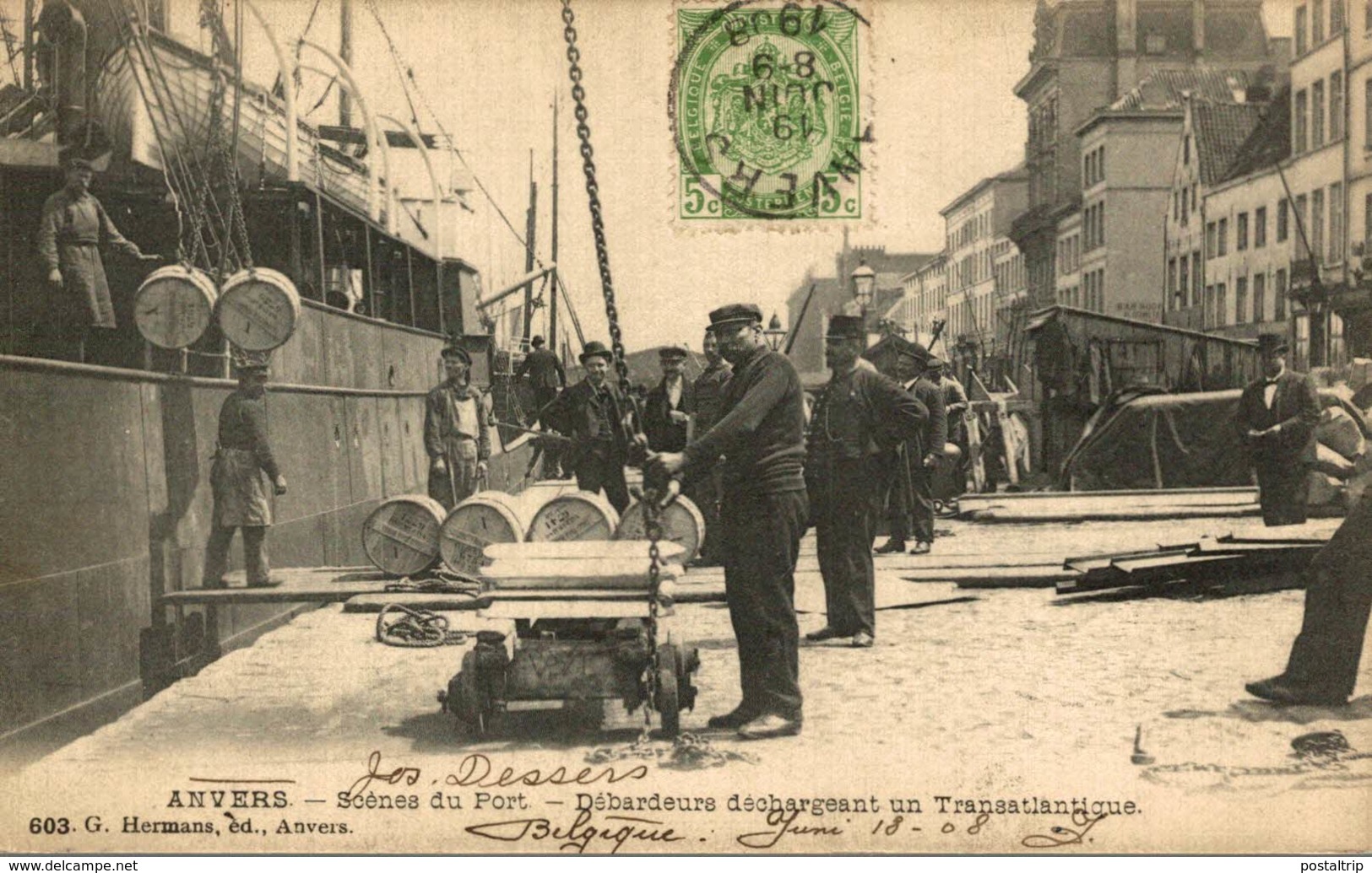 Anvers. Scenes Du Port. Debardeurs Dechargeant Un Transatlantique.   (antwerpen Dokwerkers Haven) - Antwerpen