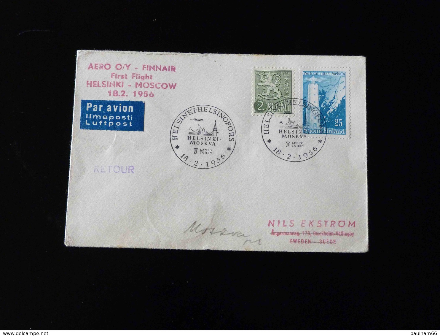 FIRST FLIGHT   HELSINKI - MOSCOU  -  1956  - - Covers & Documents