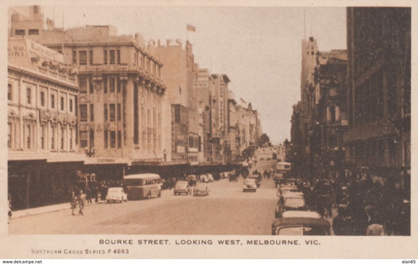 Melbourne Australia, Bourke Street Scene, Bus, Auto, Southern Cross #P4693, C1940s/50s Vintage Postcard - Melbourne