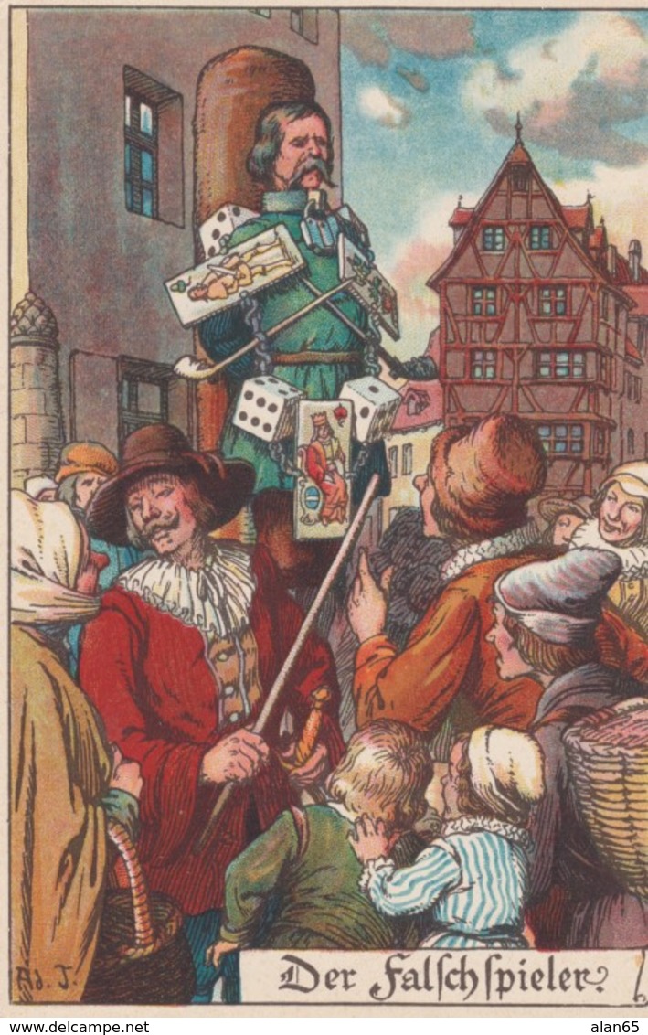 Lot of 8 Postcards, German Medieval Public Punishments 'Ad J' Artist Images, Cards Dice Demon etc.