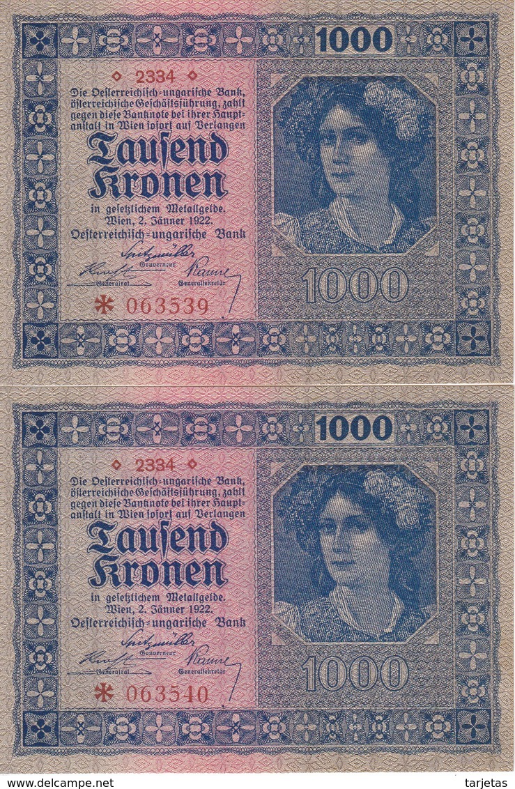 PAREJA CORRELATIVA DE AUSTRIA DE 1000 KRONEN  DEL AÑO 1922 SIN CIRCULAR - UNCIRCULATED (BANK NOTE) - Austria