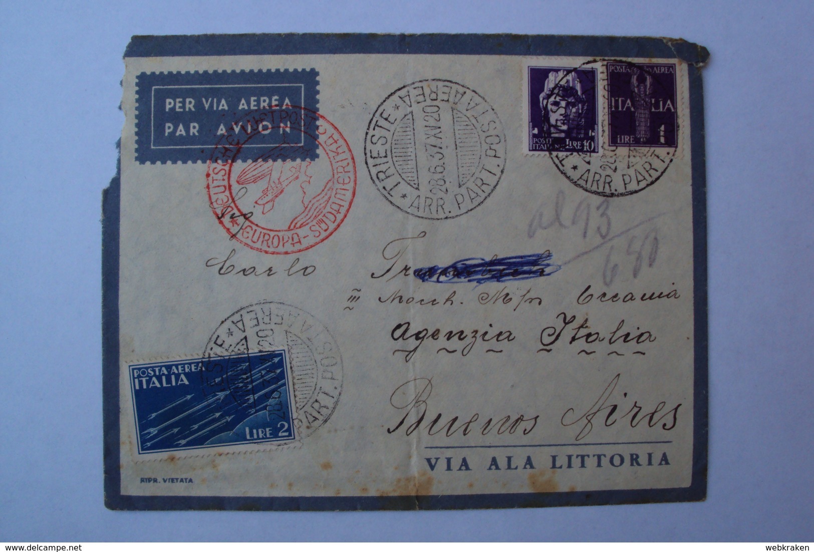 STORIA POSTALE LETTERA  POSTA AEREA  VOLO ZEPPELIN TRIESTE SUD AMERICA BUENOS AIRES ARGENTINA 1937 RETRO INDIR. TAGLIATO - Storia Postale (Zeppelin)