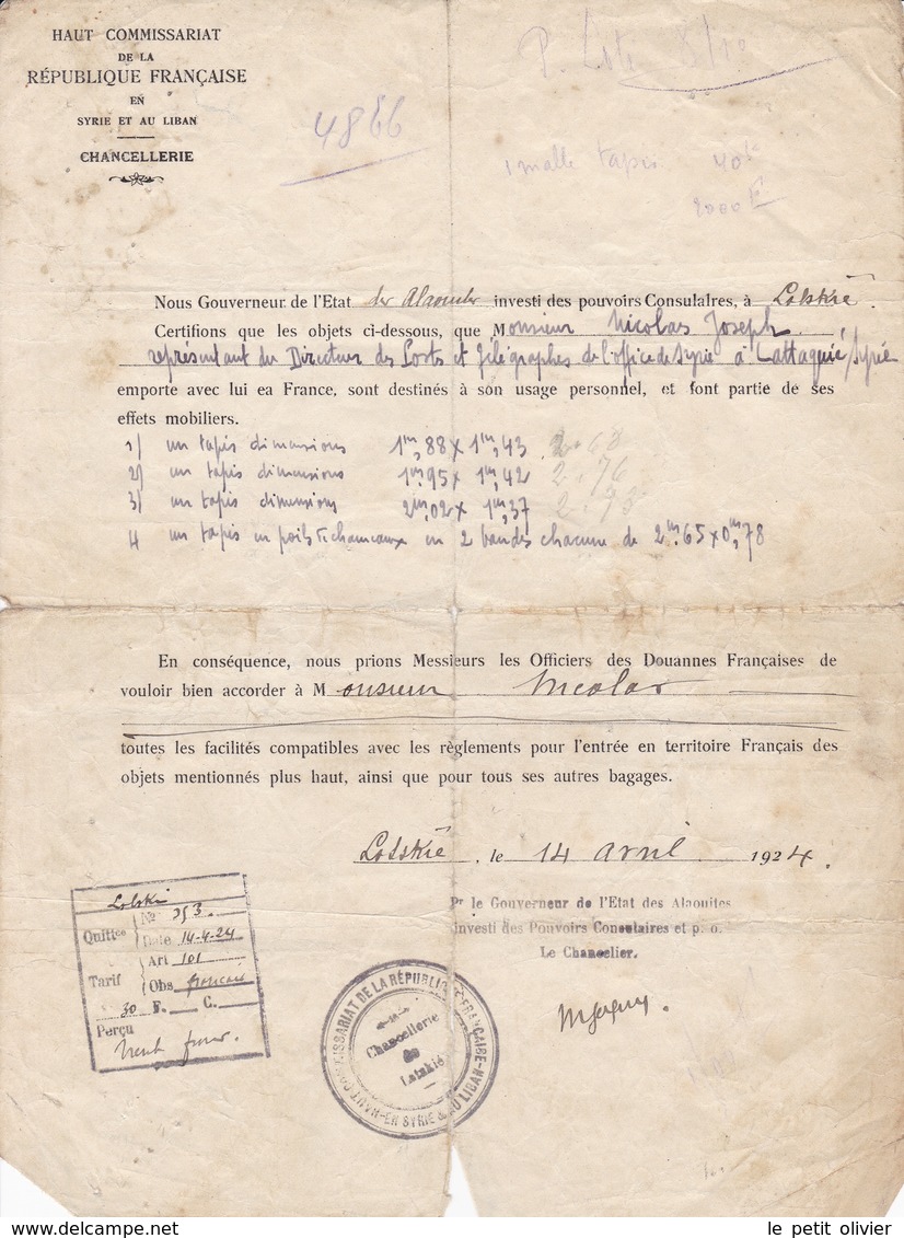 LETTRE DU HAUT COMMISSARIAT DE LA RÉPUBLIQUE FRANÇAISE EN SYRIE ET AU LIBAN EN DATE DE 1924 - Documents Historiques