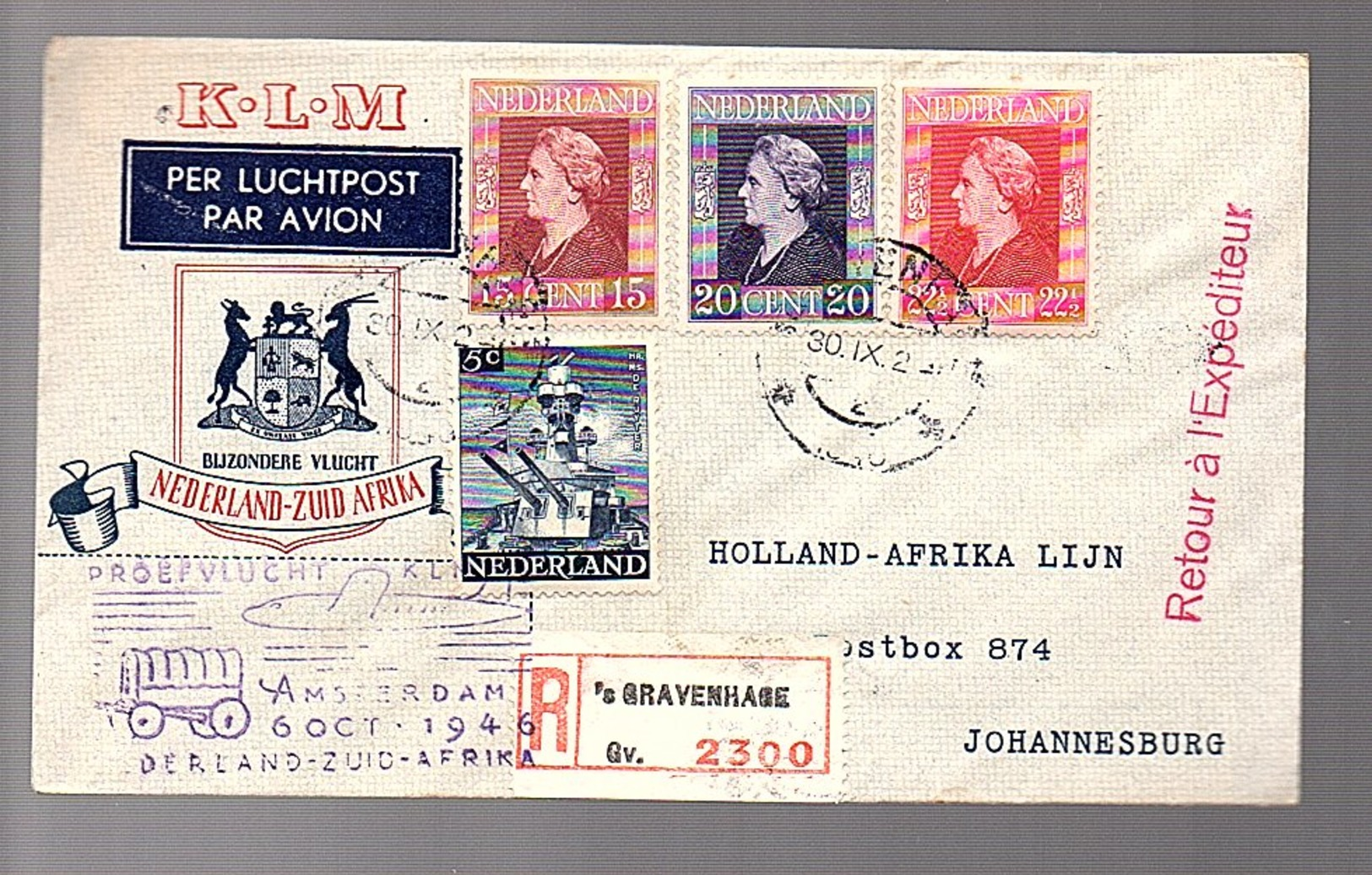 1947 Nederland-Zuid Africa KLM Flight Holland-Afrika Lijn(CM-63) - Brieven En Documenten