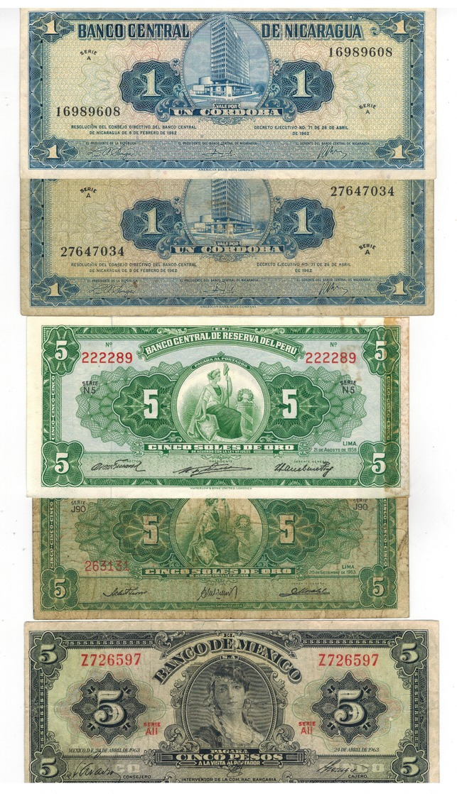 Latin America Lot, 5 Banknotes, Used, See Scan. - Vrac - Billets