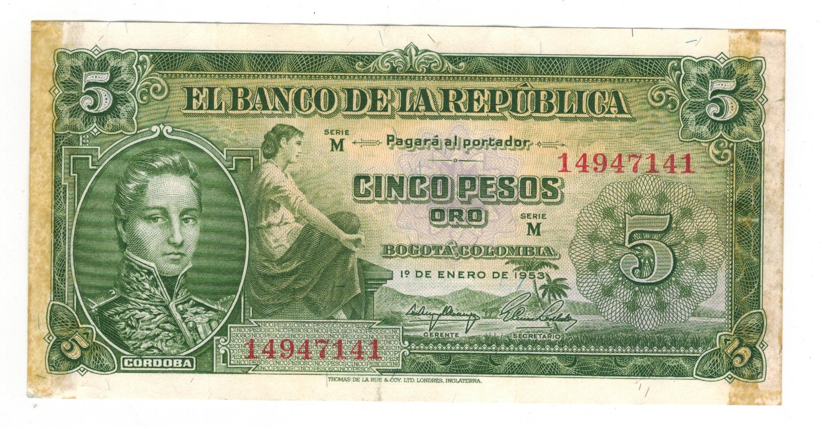 Colombia 5 Pesos 1953, XF, Some Glue, But Crisp XF, See Scan - Colombie