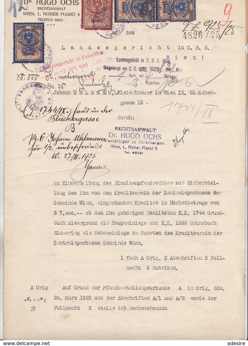 DOKUMENT 1925 Landesgericht Wien - 3 X 10.000 + 50.000 Kronen Stempelmarke, Prägesiegel, A3 Format Doppelseitig + Zus .. - Historische Dokumente