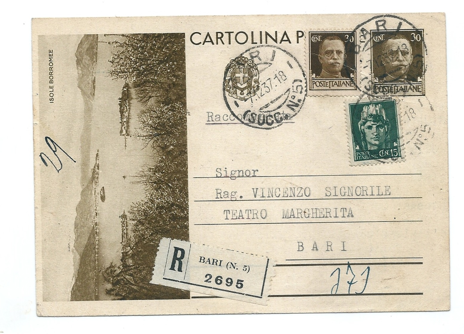 1937 CARTOLINA POSTALE TURISTICA30C. RACCOMANDATA BARI X CITTA CON IMPERIALE 30C. + 15C. - Ganzsachen