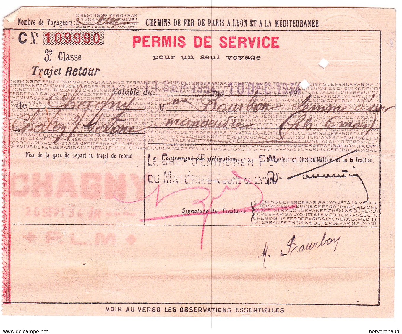 Permis De Service De Chagny à Chalon-sur-Saône (1934) - Europe