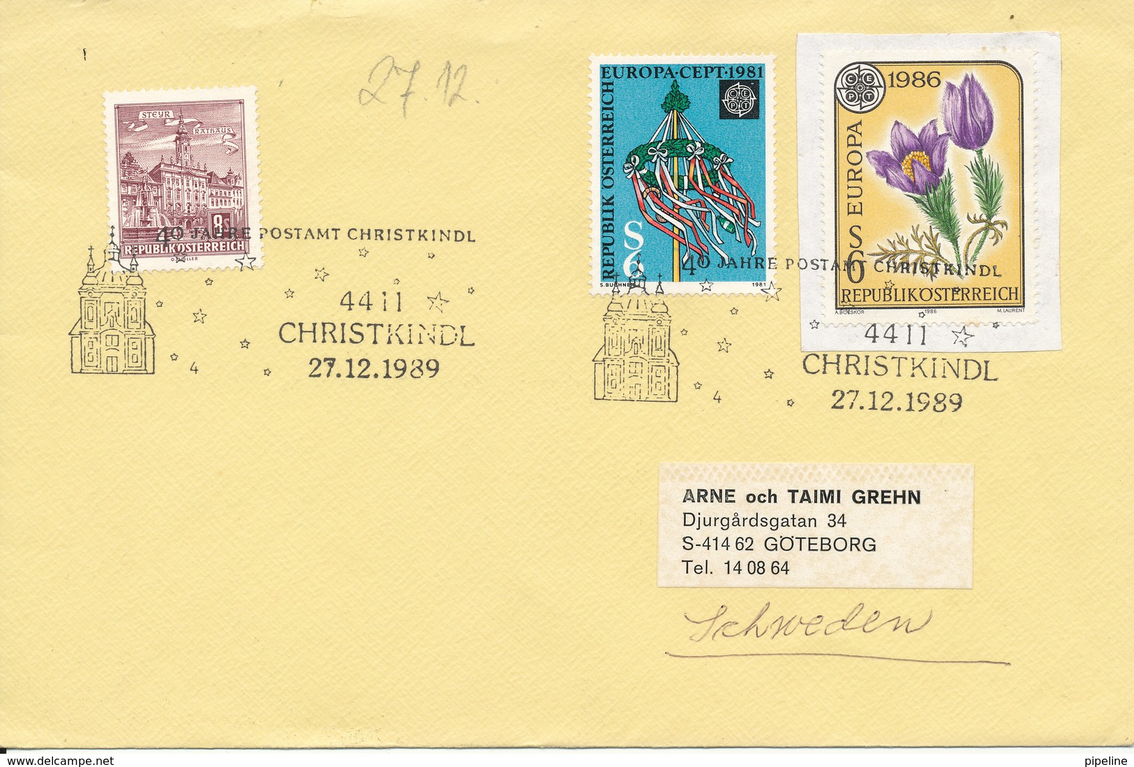 Austria Cover Christkindl 27-12-1989 Sent To Sweden - Covers & Documents