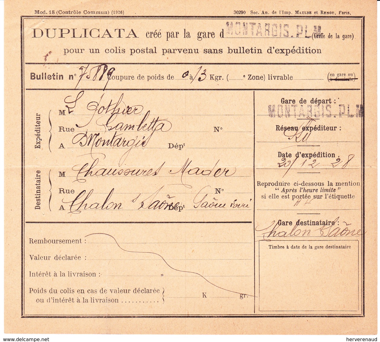 Duplicata Colis Postal, De Montargis à Chalon-sur-Saône (1928) - Unclassified