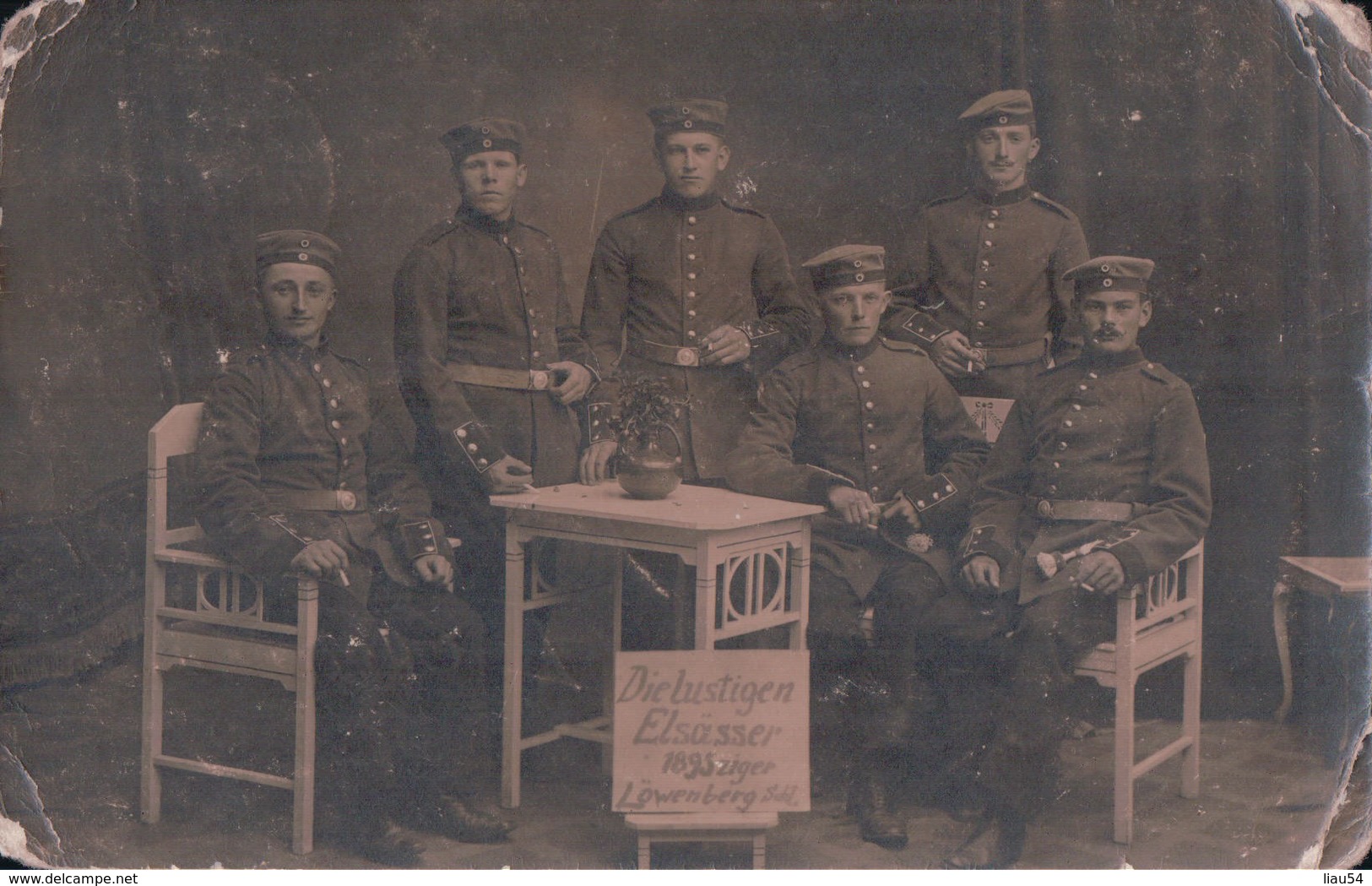 CARTE PHOTO Postée à LÖWENBERG 1915 Die Lustiger Elsässer 1895 Ziger Löwenberg Sdt Soldats - Löwenberg