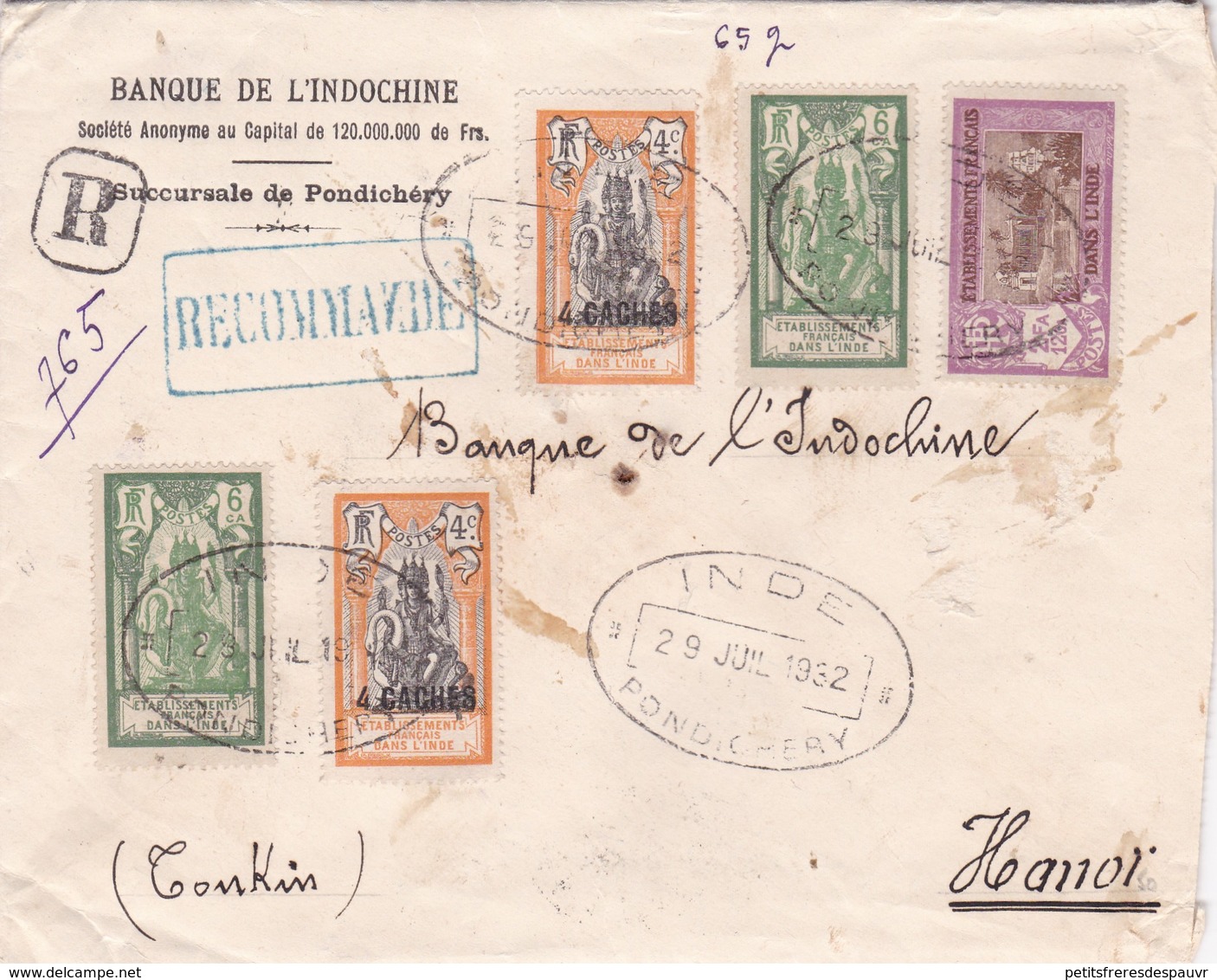 INDE FRANÇAISE - Lettre Banque De L'Indochine Recommandée De PONDICHERY à HANOÎ 29/7/1932 - Lettres & Documents