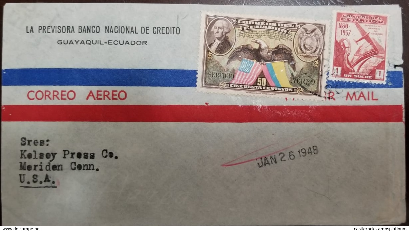 O) 1938 ECUADOR, WASHINGTON- AMERICAN EAGLE AND FLAGS, COMMUNICATIONS PROGRESS OF ECUADOR EXHIBITION, LA PREVISORA BANCO - Equateur