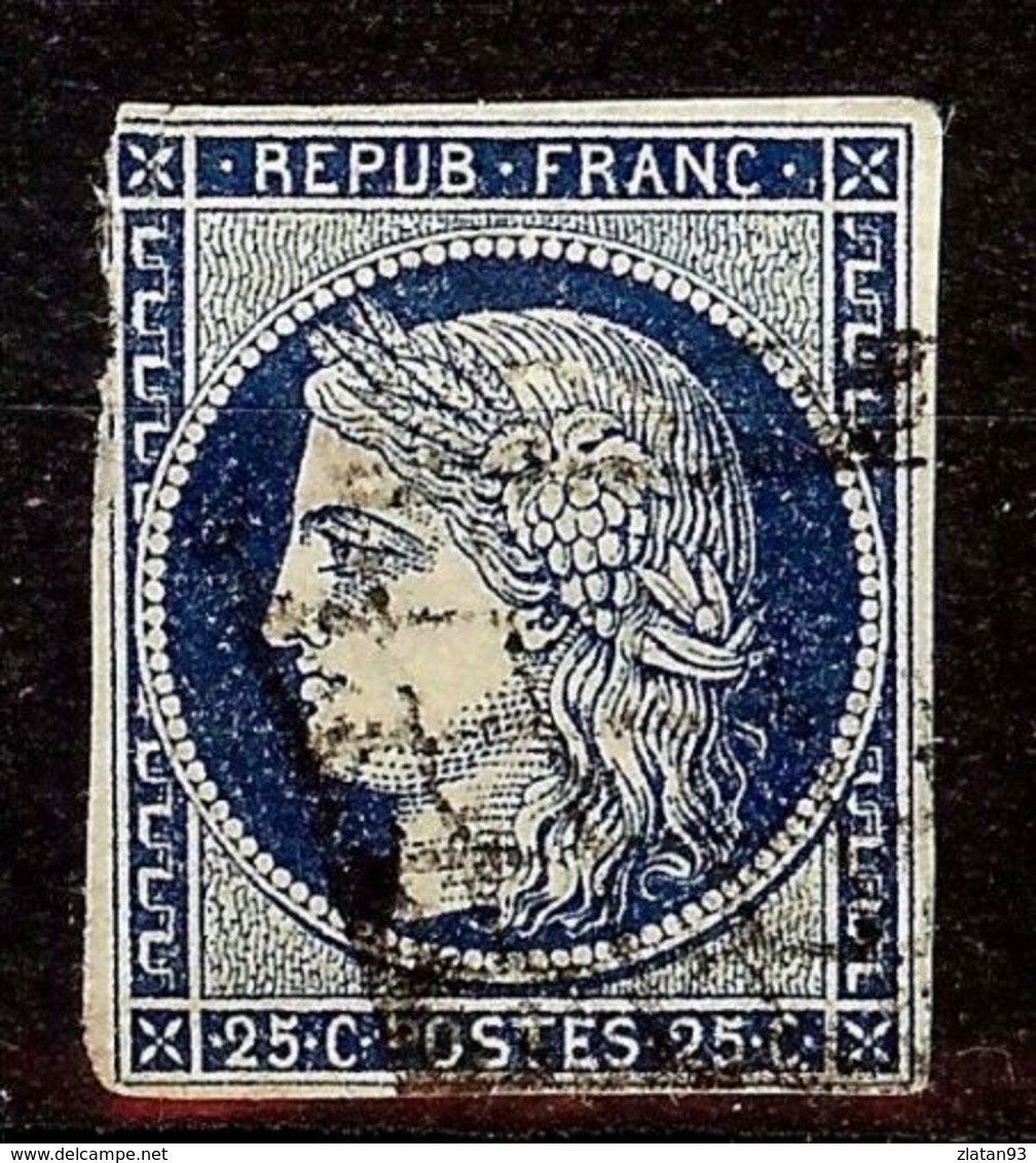 SUPERBE CERES N°4a 25c Bleu Foncé Oblitéré GRILLE 1849 Cote 70 Euro PAS D'AMINCI - 1849-1850 Ceres