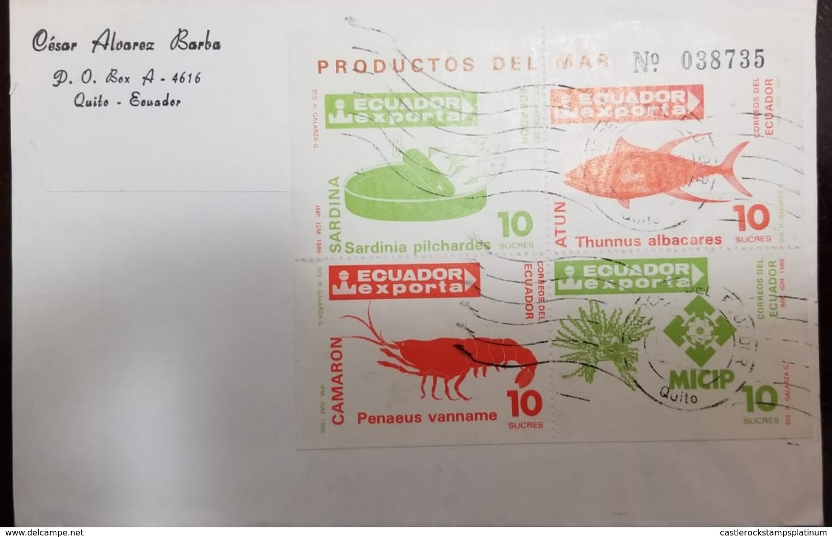 O) 1986 ECUADOR, EXPORTA - EXPORTS-SHRIMP-TUNA-SARDINES-MICIP EMBLEM, XF - Equateur