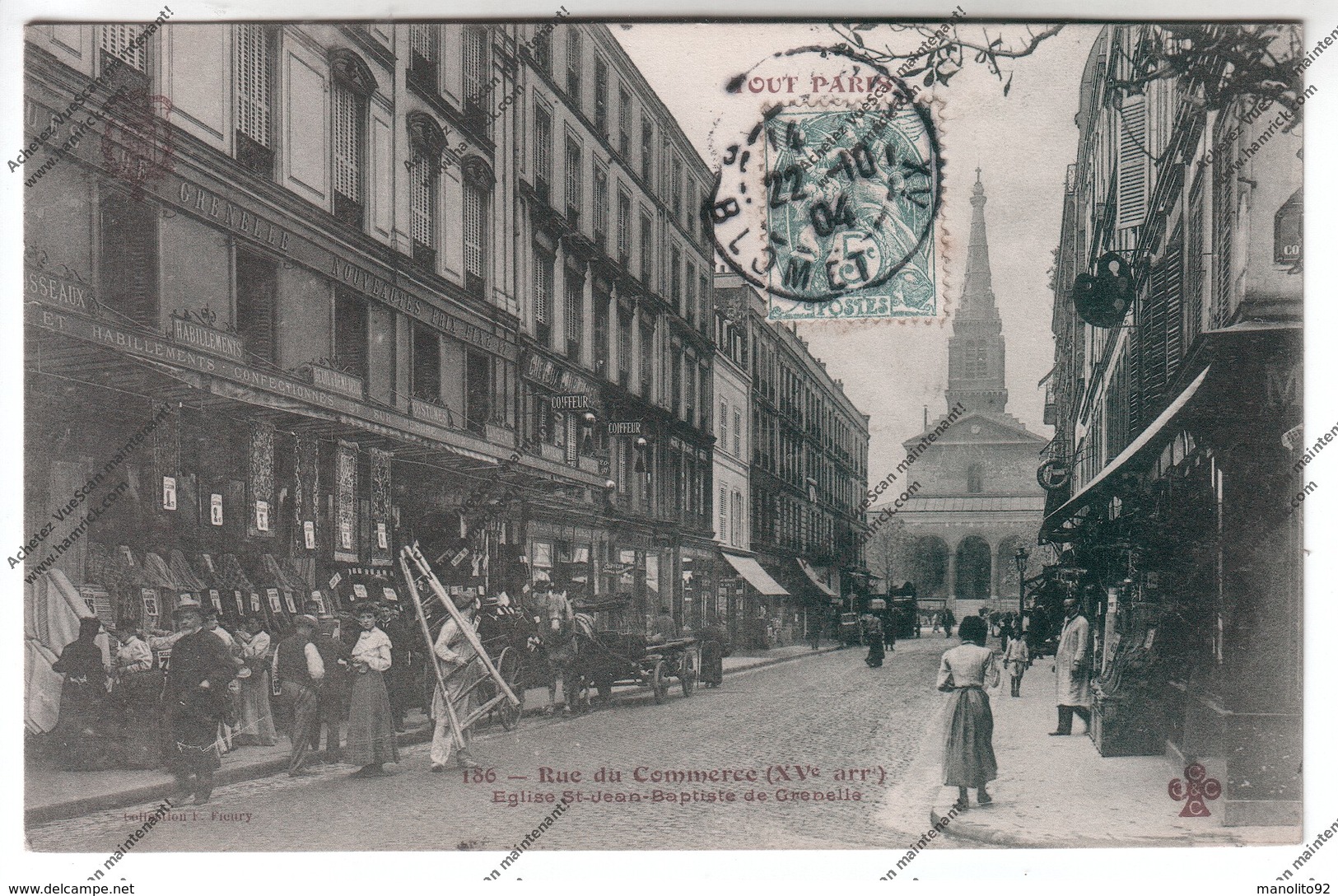 CPA Animée PARIS XVeme : Rue Du Commerce - Eglise Saint Jean Baptiste De Grenelle (commerce Tapis Habits) - Arrondissement: 15