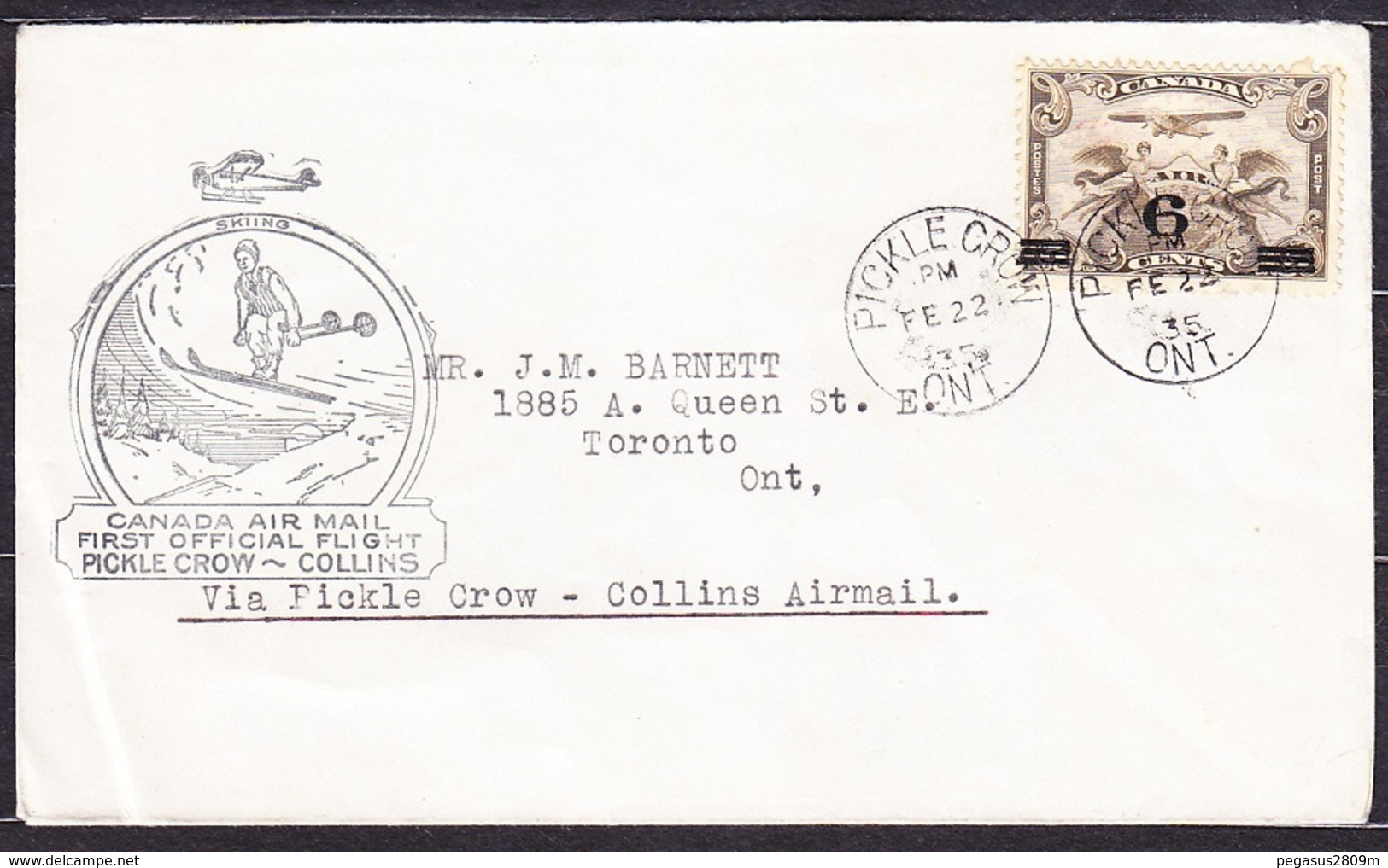 CANADA 1935, FIRST FLY COVER - PICKLE CROW To COLLINS. Condition, See The Scans. - Premiers Vols