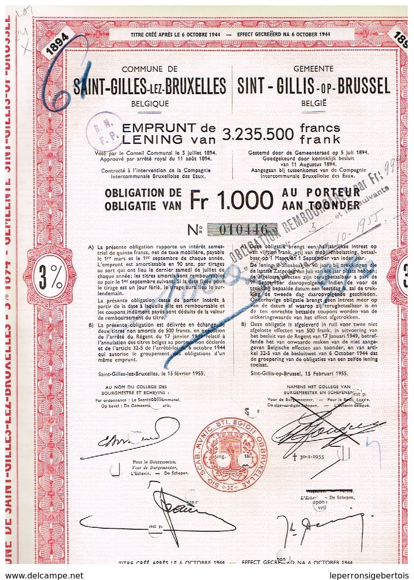 Obligation Ancienne - Commune Saint-Gilles-lez-Bruxelles - Emprunt De 3% De 3.235.500 Francs 1894 Titre De 1955 - S - V