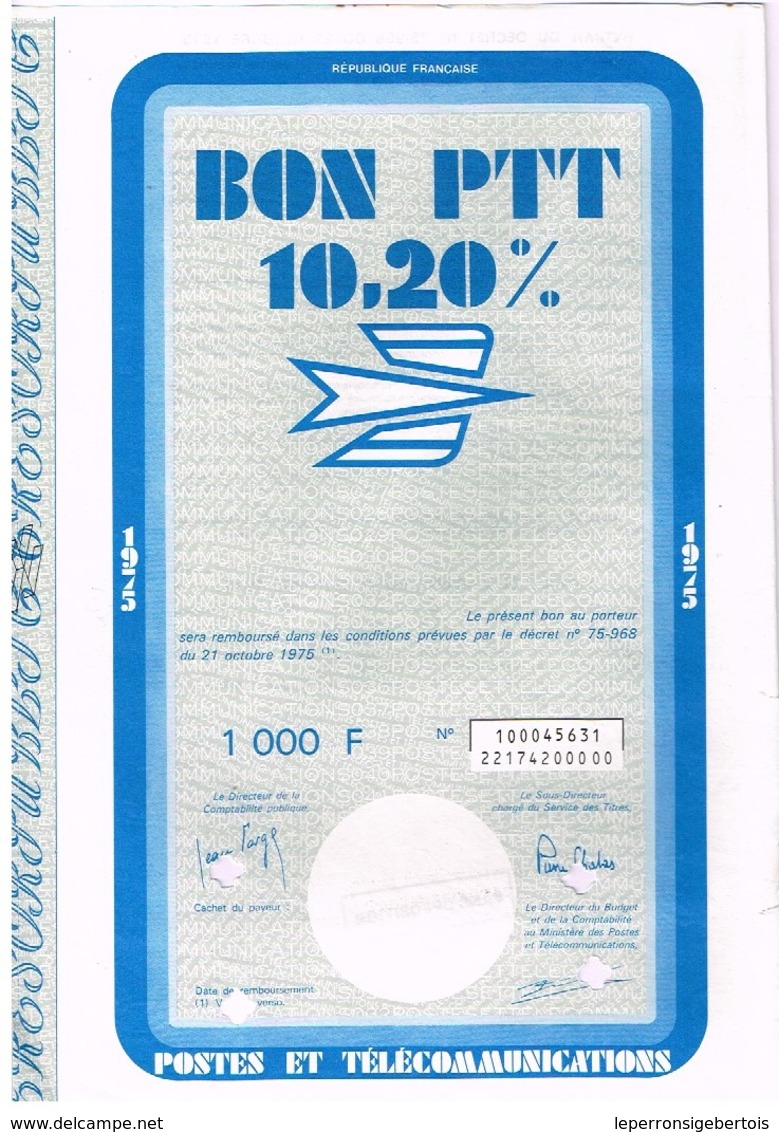 Obligation Ancienne -République Française BON PTT 10,20%  1975/1990 - P - R