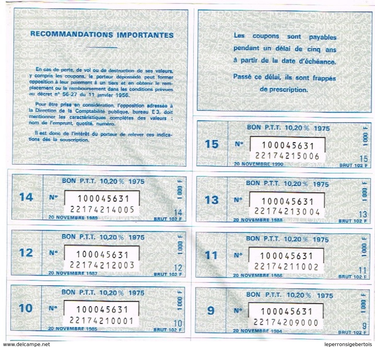 Obligation Ancienne -République Française BON PTT 10,20%  1975/1990 - P - R