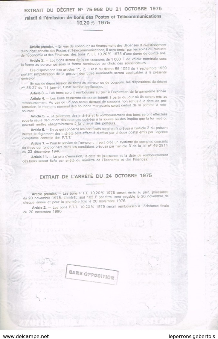 Obligation Ancienne -République Française BON PTT 10,20%  1975/1990 - P - R