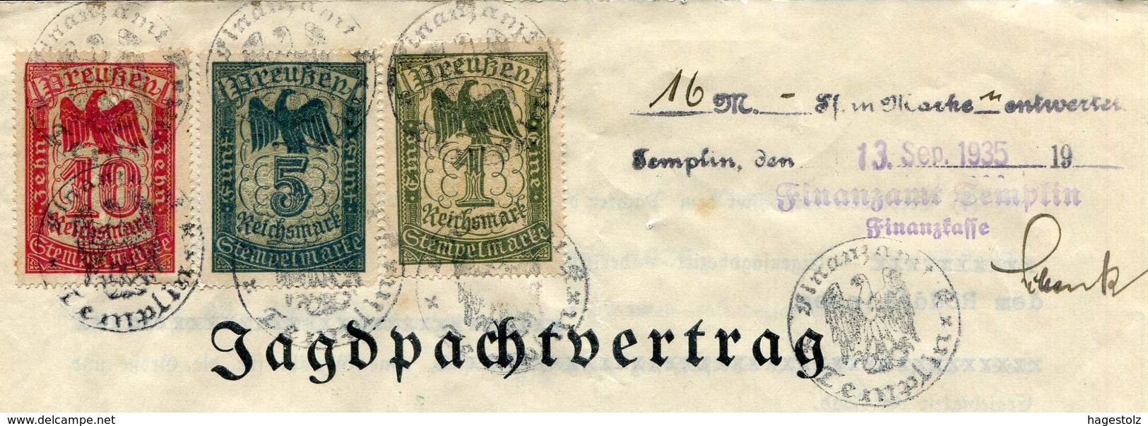 HUNTING Germany 1935 Templin Revenue 1+5+10 RM Preussen Stempelmarke Fiscal Tax Document Gebührenmarke JAGD Deutschland - Covers & Documents