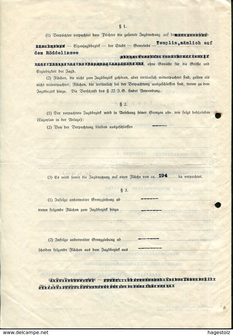 HUNTING Germany 1935 Templin Revenue 1+5+10 RM Preussen Stempelmarke Fiscal Tax Document Gebührenmarke JAGD Deutschland - Covers & Documents