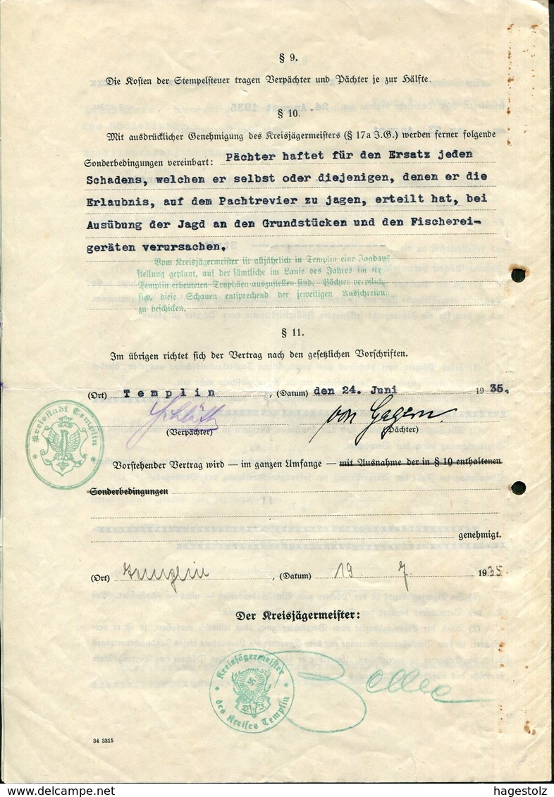 HUNTING Germany 1935 Templin Revenue 1+5+10 RM Preussen Stempelmarke Fiscal Tax Document Gebührenmarke JAGD Deutschland - Covers & Documents