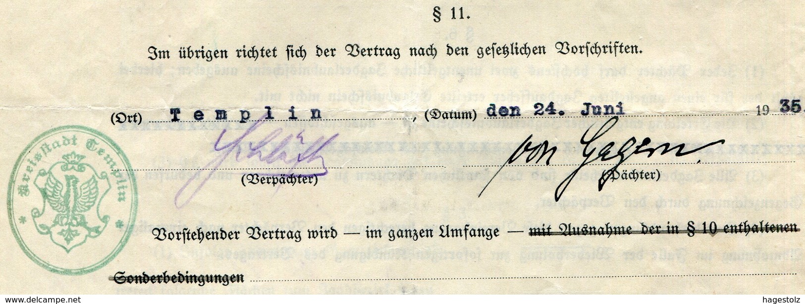 HUNTING Germany 1935 Templin Revenue 1+5+10 RM Preussen Stempelmarke Fiscal Tax Document Gebührenmarke JAGD Deutschland - Covers & Documents