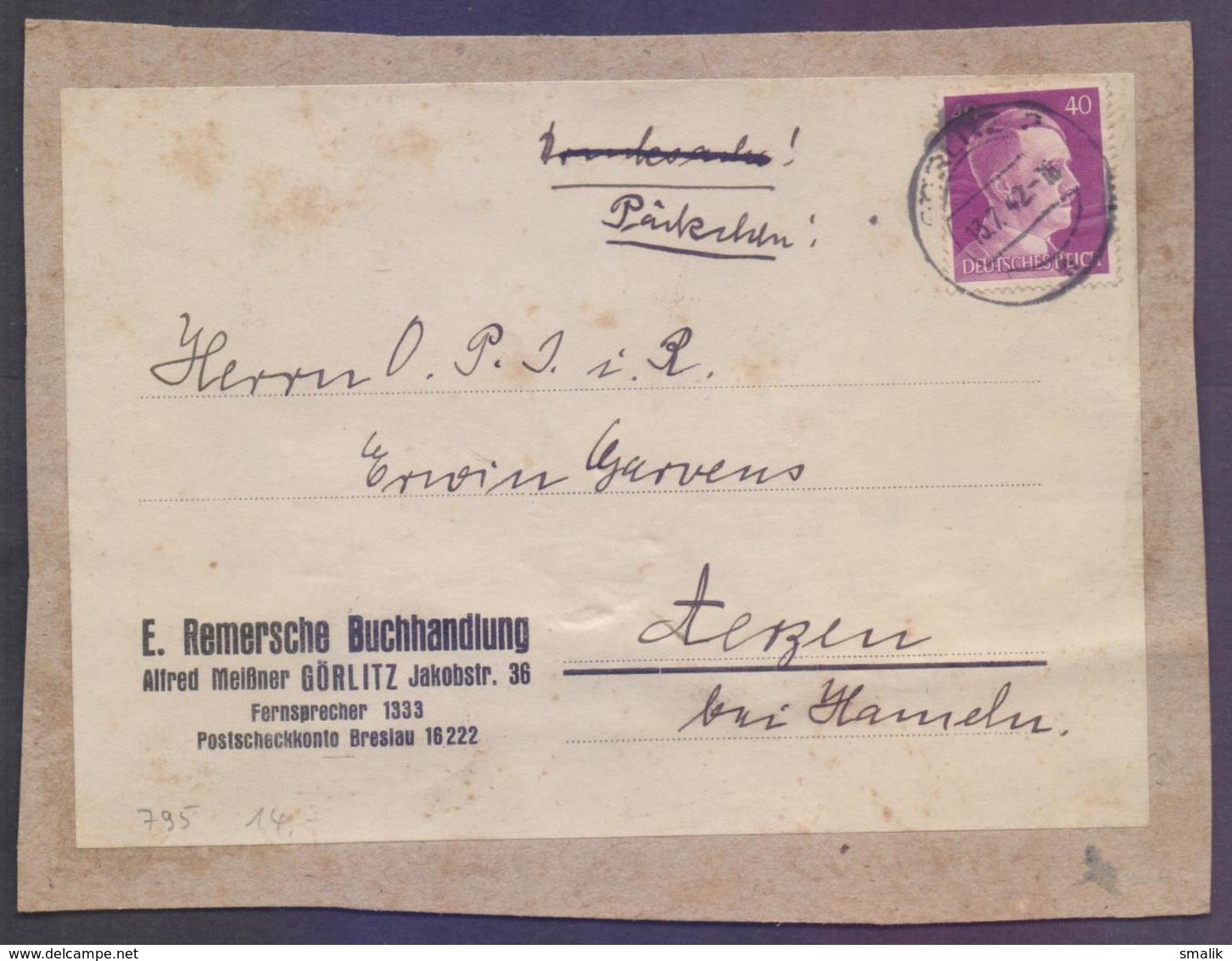 DEUTSCHES REICH GERMANY - 1 Stamp On Parcel Tag Card, Postal Used 13.7.1942 - Covers & Documents