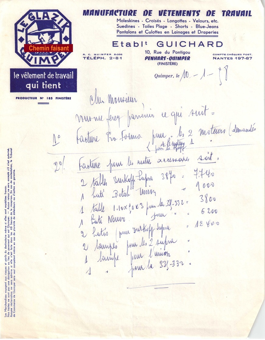 Document Du 10/01/1958 GUICHARD Vêtements De Travail - Penhars-Quimper 29 - 1950 - ...