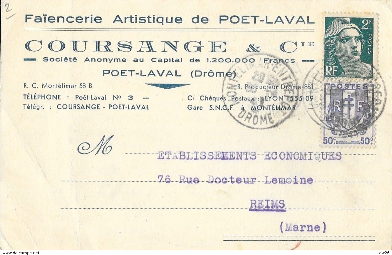 Carte Postale De Correspondance 1946 - Faïencerie Artistique De Poët-Laval (Drôme): Coursange & Cie - Non Classés